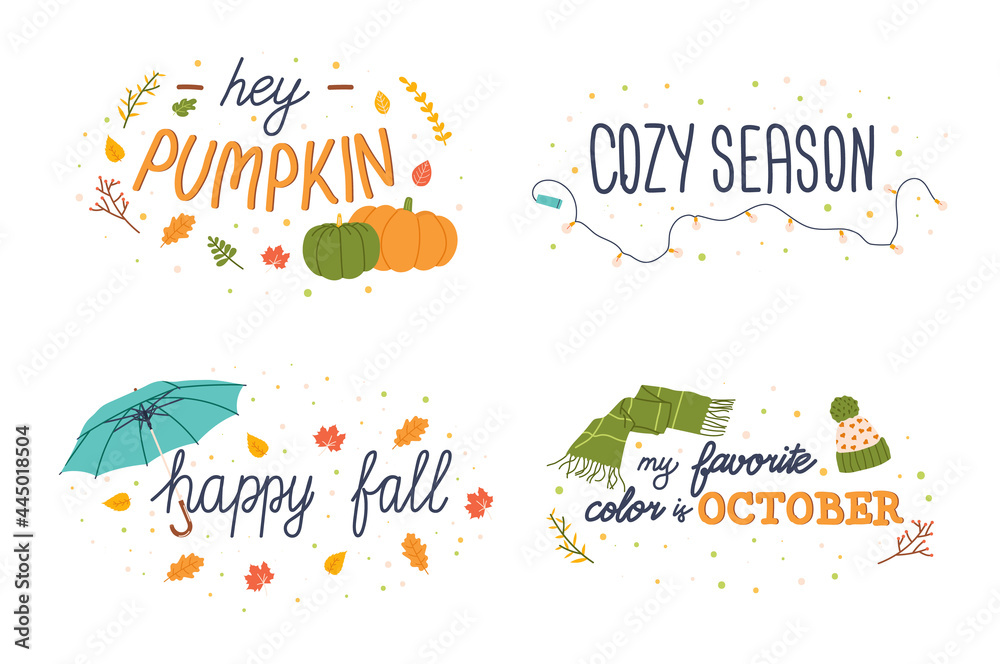 Autumn lettering set. Hand drawn fall season slogans. Vector illustration for stickers or scrapbooking.