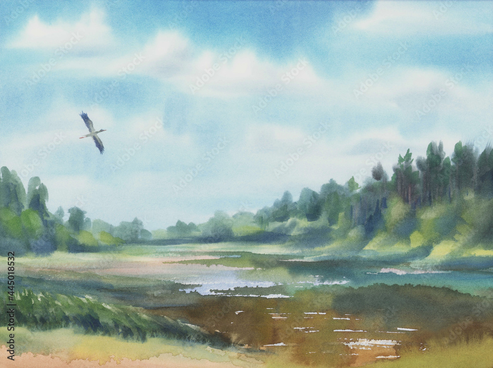 Fototapeta premium Forest landscape with a lake and a stork in the sky watercolor background