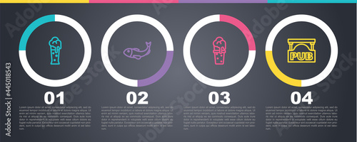 Set line Glass of beer, Dried fish, and Street signboard with Pub. Business infographic template. Vector