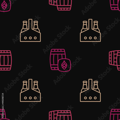 Set line Wooden barrel, Pack of beer bottles and on seamless pattern. Vector