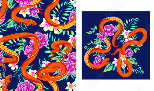set of designs Beautiful pattern with snake and tropical leaves. Beautiful all-over print with exotic plants and snake  Abstraction pattern for printing on paper  postcards  children s clothing  beddi