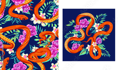 set of designs Beautiful pattern with snake and tropical leaves. Beautiful all-over print with exotic plants and snake, Abstraction pattern for printing on paper, postcards, children's clothing, beddi