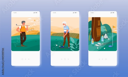 Senior man practicing outdoor golf sport game. Mobile app screens, vector website banner template. UI, web site design.
