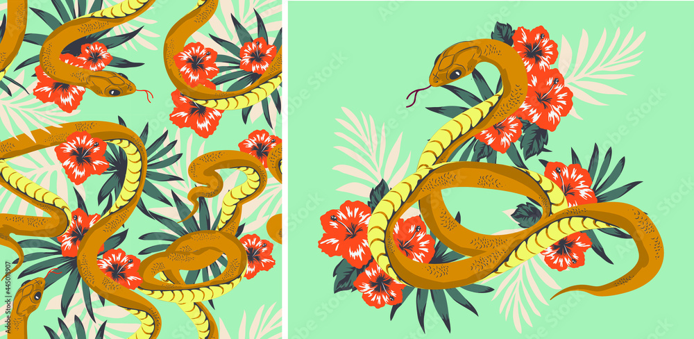 Obraz premium set of designs Beautiful pattern with snake and tropical leaves. Beautiful all-over print with exotic plants and snake, Abstraction pattern for printing on paper, postcards, children's clothing, beddi