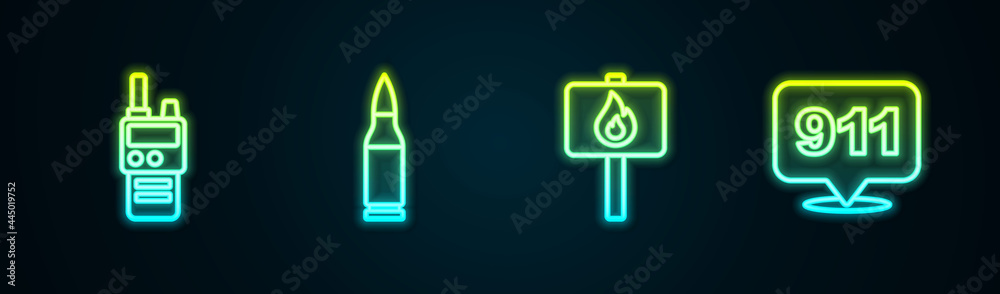 Set line Walkie talkie, Bullet, Protest and Telephone call 911. Glowing neon icon. Vector Set line Walkie talkie, Bullet, Protest and Telephone call 911. Glowing neon icon. Vector