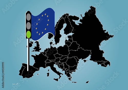 La UE o CEE da luz verde a España. Mapa de Europa con el semáforo en verde de la UE sobre España