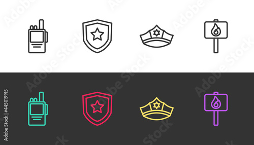 Set line Walkie talkie, Police badge, cap with cockade and Protest on black and white. Vector
