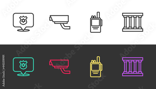 Set line Police badge, Security camera, Walkie talkie and Prison window on black and white. Vector
