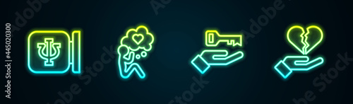 Set line Psychology, Psi, Head with heart, Solution to the problem and Broken or divorce. Glowing neon icon. Vector