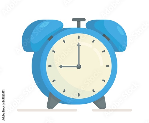 Vector illustration of an isolated blue alarm clock. The time is 9 am. The clock is isolated on a white background. The alarm clock is ringing. Wake up. 