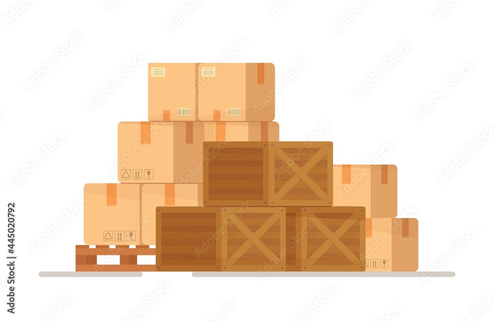 Sending parcels by mail from the Internet. Vector illustration of a warehouse of boxes.