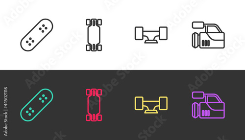 Set line Skateboard, Longboard or skateboard, wheel and Cinema camera on black and white. Vector