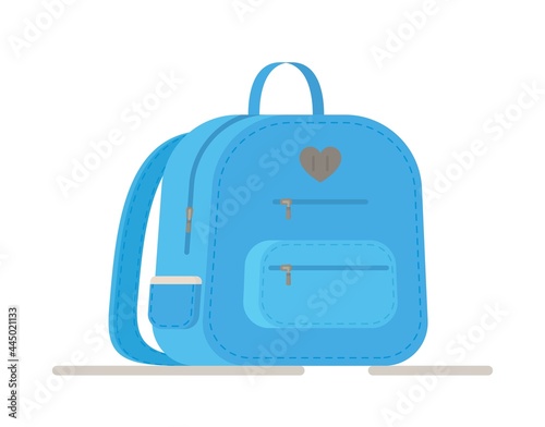 Kids school bag backpack with education equipment. Vector illustration of an isolated blue school backpack. 
