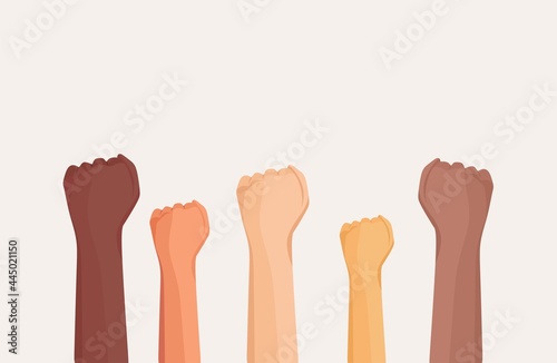 Hands are raised against racial discrimination. Equal rights. Vector cartoon flat illustration. 