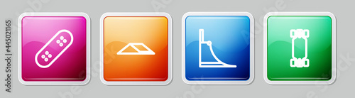 Set line Skateboard, park, and Longboard or skateboard. Colorful square button. Vector