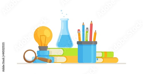 Vector illustration of instruments for chemistry, physics and other sciences. Practical work in school lessons in chemistry and physics.