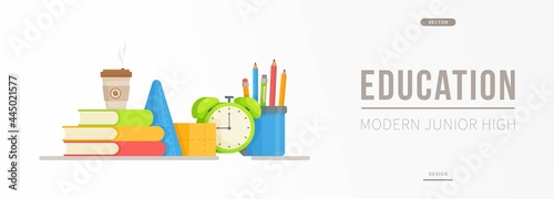 Vector illustration of a student banner. Set of school supplies composition. Flat style drawing design on white background. School and educational workplace items. 