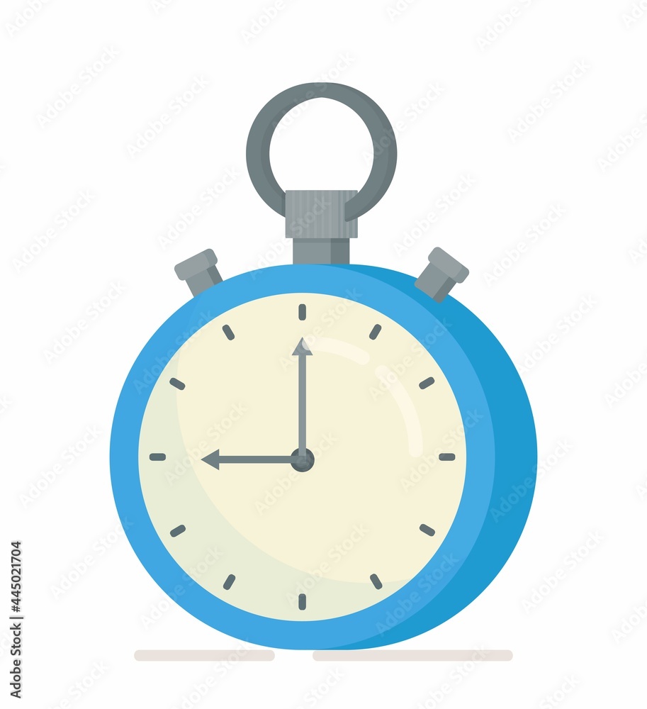 Vector illustration of an isolated blue clock on a forelock background. Vector office clock icon design. Nine o'clock time.  