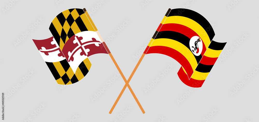 Crossed and waving flags of the State of Maryland and Uganda Crossed and waving flags of the State of Maryland and Uganda