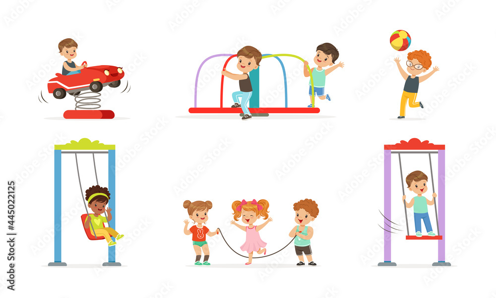 Little Children Playing and Having Fun at Playground Swinging and Jumping Rope Vector Set
