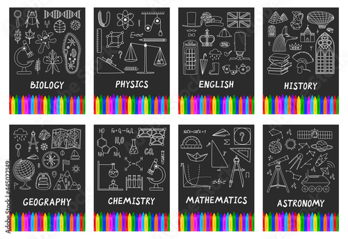 Designs of the most common school subjects covers with education stationery, icons and hand drawn symbols for tutorial, notebook, sketchbook, album, copybook