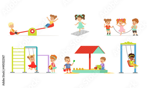 Little Children Playing and Having Fun at Playground Swinging on Seasaw and Sitting in Sandbox Vector Set
