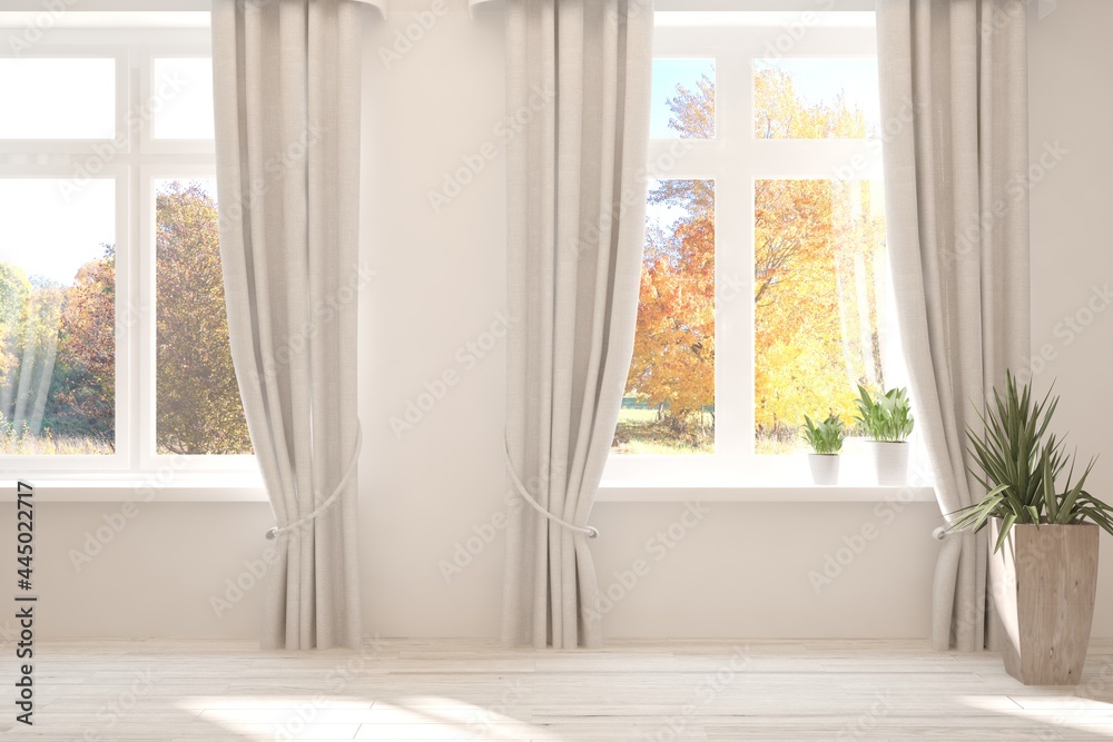Stylish empty room in white color with autumn landscape in window. Scandinavian interior design. 3D illustration Stylish empty room in white color with autumn landscape in window. Scandinavian interior design. 3D illustration
