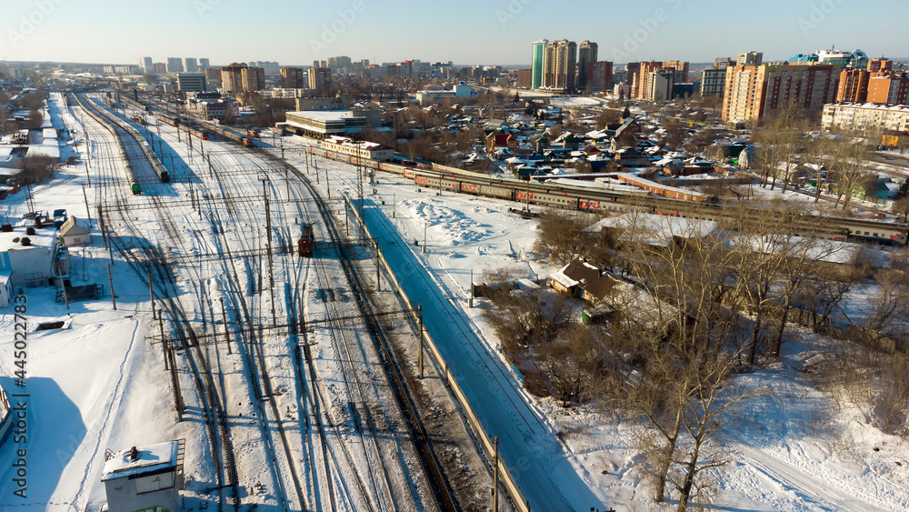 Railway between old and new districts of Tyumen city