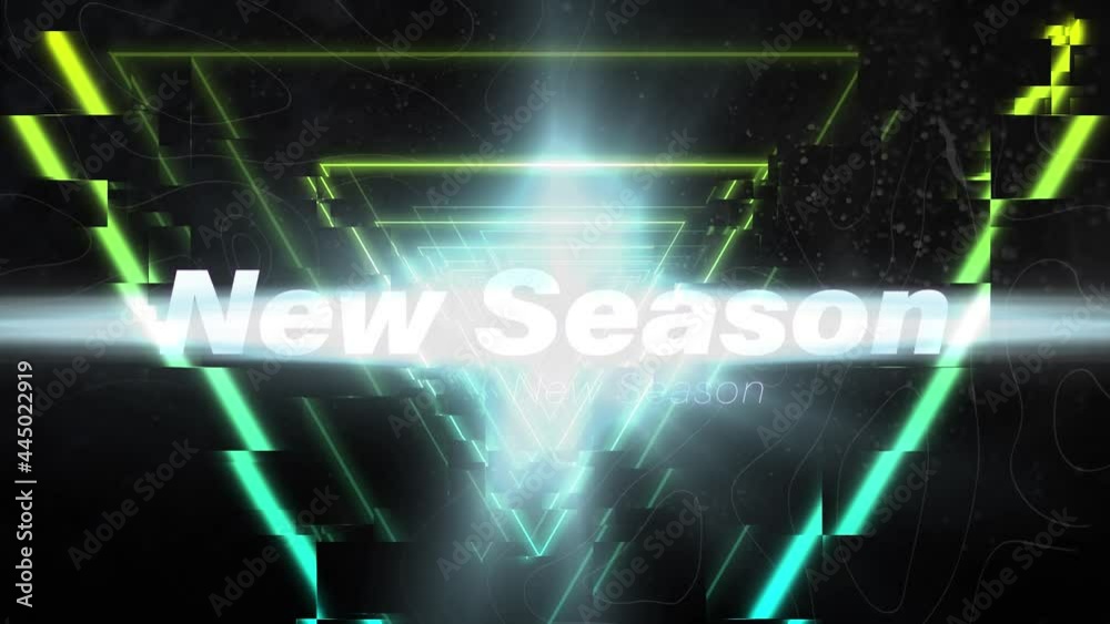 Animation of white text new season, with coloured triangles moving on black background Animation of white text new season, with coloured triangles moving on black background