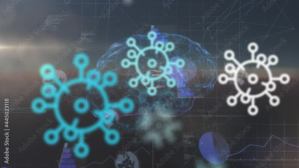 Animation of covid 19 cells with human brain spinning Animation of covid 19 cells with human brain spinning