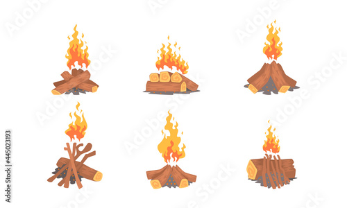 Campfire or Bonfire with Pile of Woods or Lumber Blazing with Fire Sparks Vector Set