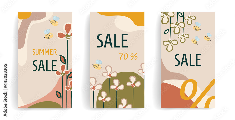 Trendy set of abstract templates with creative flowers and bees. Background template with copy space for text. Suitable for posters, social media, postcards, covers, banners, and other graphic designs