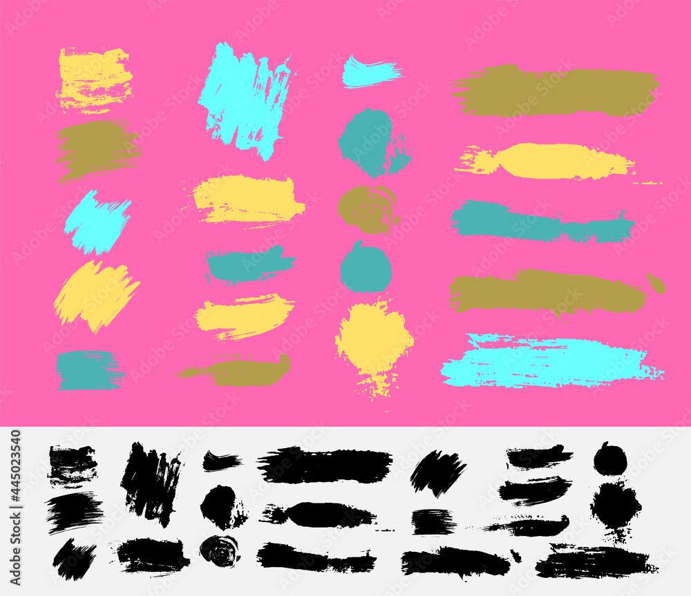 Brush strokes highly detailed. Grunge design. Rectangle text boxes. Set of Painted banners. Thin dirty distress texture banners. Ink splatters. Paintbrush elements. Vector isolated on white background