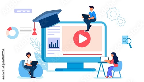 Studying Training E-learning Courses University Graduating People studying at home Online education concept Flat vector illustration Tiny people in training Online language school lifestyle