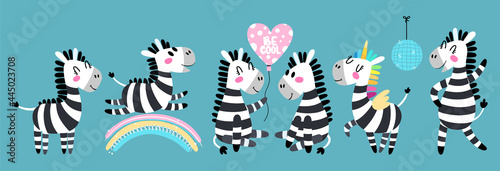Set of cartoon zebra. Funny black and white animal in different poses. Vector illustration of a zebra in a hand-drawn style for prints  posters  stickers.