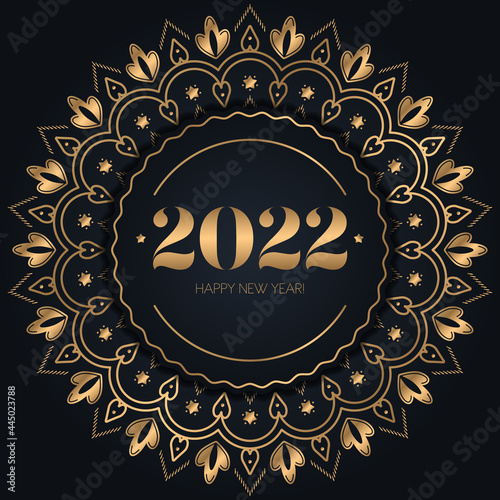 New year 2022 greeting illustration. Gold floral ornament on black background