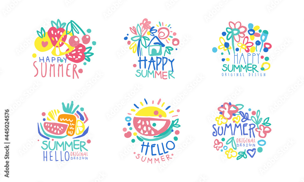 Bright Hello Summer Logo or Label for Seasonal Vacation Design Vector Set