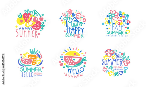 Bright Hello Summer Logo or Label for Seasonal Vacation Design Vector Set