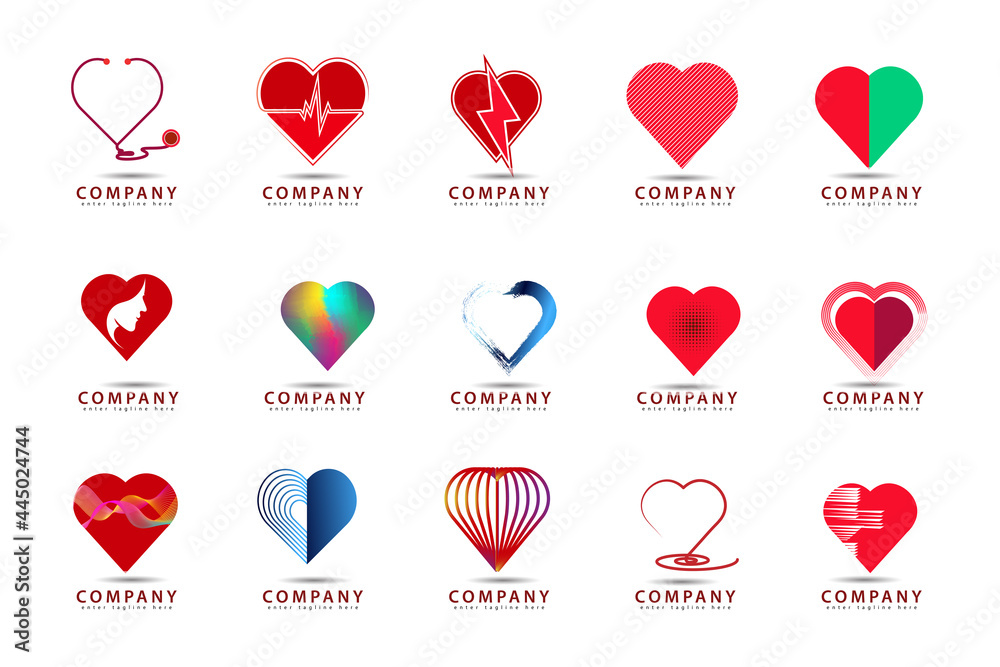 15 heart logos with attractive styles for health companies with different styles, red editable