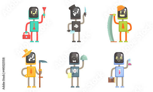 Robot of Different Professions Set, Plumber, Farmer, Cook, Lumberjack, Waiter, Scientist Cartoon Vector Illustration
