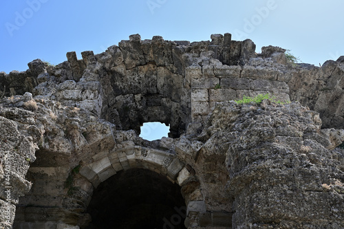 Ruins of an ancient Roman structure of hewn stone blocks