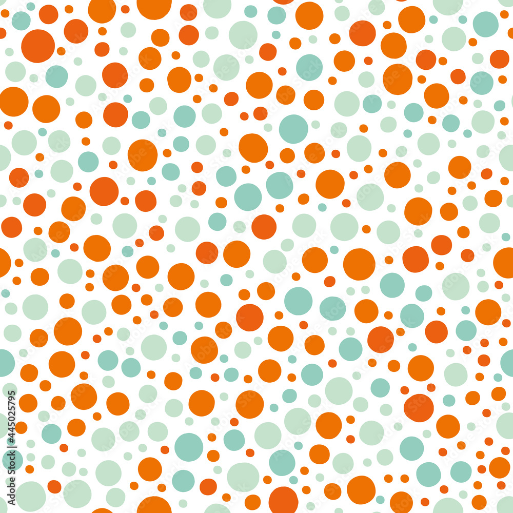 Fizzing bubbles seamless vector pattern background. Aqua blue orange white backdrop dense polka dot shapes.Modern bubble scattered design with varied sizes. All over print for summer beach vacation