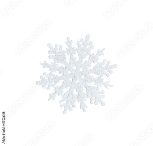 white snowflake toy with sparkles isolated on white background
