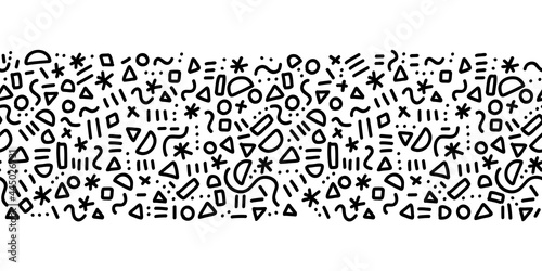 Seamless doodle border Memphis style pattern vector repeat. Cute simple line art horizoontal border with hand drawn elements black on white. Monochrome hipster art for fabric trim, footer