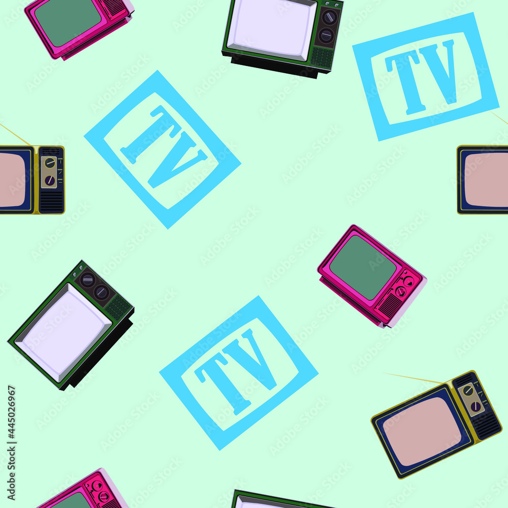 seamless pattern with the image of old TVs and the TV symbol for prints on fabrics and clothes, as well as for decorating rooms and television studios seamless pattern with the image of old TVs and the TV symbol for prints on fabrics and clothes, as well as for decorating rooms and television studios