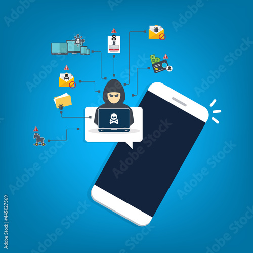 Hacker, malware notification on mobile phone. Smartphone with hacker alert, spam data on cellphone fraud error message, scam, virus. Flat vector illustration.	
