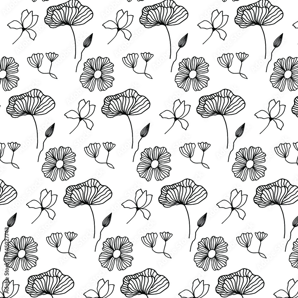 The pattern is seamless. Flowers are black in the style of doodle. The pattern can be used for bedding, prints, wall decor in a nursery, clothing. Vector illustration isolated on white background.