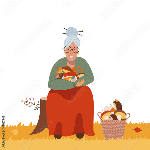 Mushrooms picking or hunting concept . Old woman finding fungus in the forest. Active seniors. Elder lady sitting with a basket, holding mushrooms harvested in fall season.Vector flat illustration.