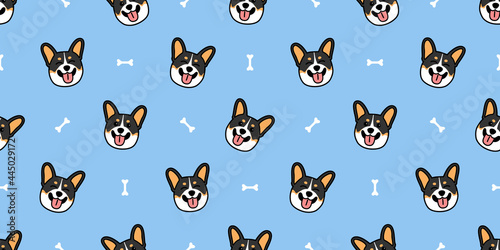 Cute tricolor welsh corgi dog smiling cartoon seamless pattern, vector illustration.