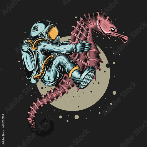 illustration of an astronaut riding a seahorse in space